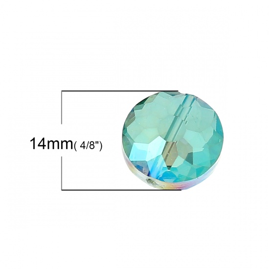 Image de Perles en Verre Forme Plat-Rond Vert Couleur AB à facettes Transparent, Diamètre: 14mm, Tailles de Trous: 1.4mm, 20 Pcs