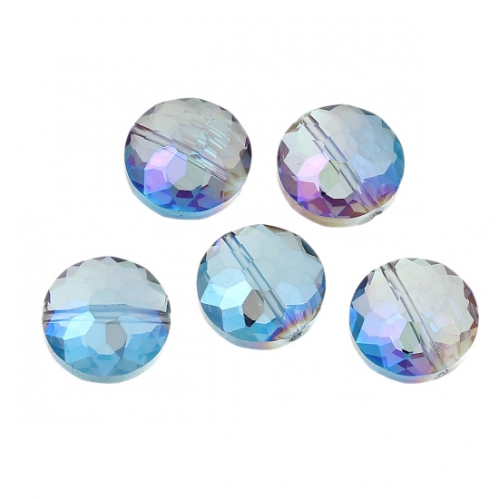 Picture of Glass Loose Beads Flat Round Clear AB Rainbow Color Aurora Borealis Faceted About 14mm Dia, Hole: Approx 1.4mm, 20 PCs