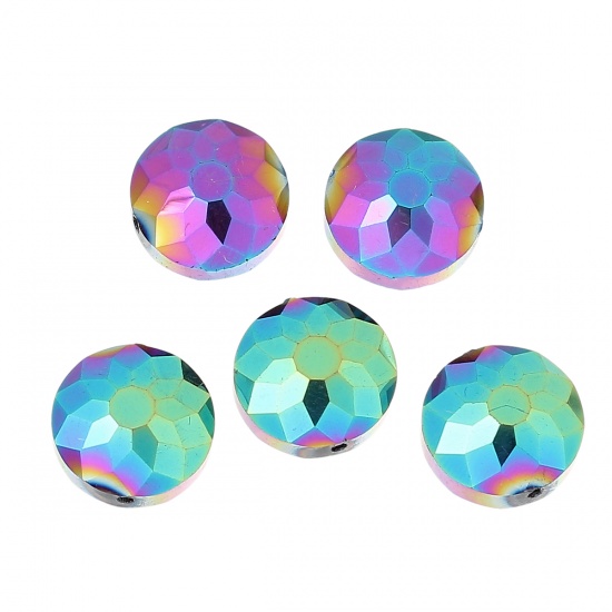 Picture of Glass Loose Beads Flat Round Multicolor AB Rainbow Color Aurora Borealis Faceted About 14mm Dia, Hole: Approx 1.4mm, 20 PCs