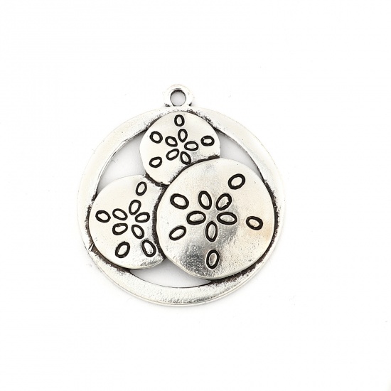 Bild von Zinklegierung Ozean Schmuck Anhänger Rund Antiksilber Sanddollar 40mm x 37mm, 5 Stück