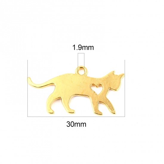 Bild von Zinklegierung Anhänger Katze Vergoldet Herz 30mm x 16mm, 50 Stück