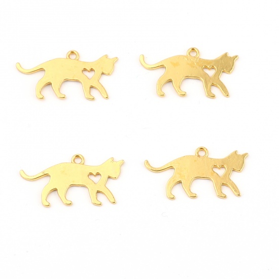 Picture of Zinc Based Alloy Pendants Cat Animal Gold Plated Heart 30mm x 16mm, 50 PCs