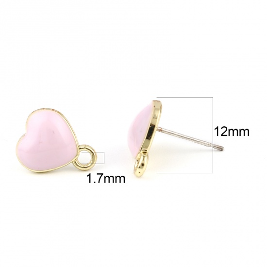 Picture of Valentine's Day Ear Post Stud Earrings Findings Heart Gold Plated Pink W/ Loop 12mm x 10mm, Post/ Wire Size: (21 gauge), 10 PCs