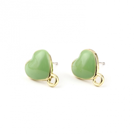 Picture of Valentine's Day Ear Post Stud Earrings Findings Heart Gold Plated Green W/ Loop 12mm x 10mm, Post/ Wire Size: (21 gauge), 10 PCs