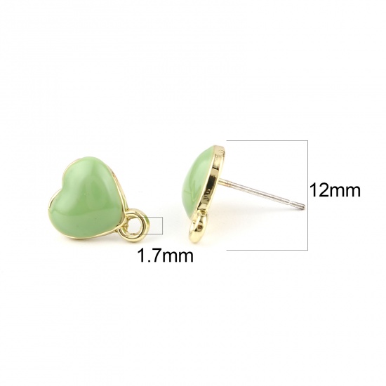 Picture of Valentine's Day Ear Post Stud Earrings Findings Heart Gold Plated Green W/ Loop 12mm x 10mm, Post/ Wire Size: (21 gauge), 10 PCs