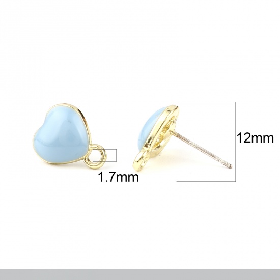 Picture of Valentine's Day Ear Post Stud Earrings Findings Heart Gold Plated Blue W/ Loop 12mm x 10mm, Post/ Wire Size: (21 gauge), 10 PCs