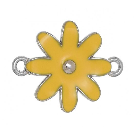Picture of Zinc Metal Alloy Connectors Findings Flower Silver Tone Yellow Enamel 30mm x 24mm, 1 Piece