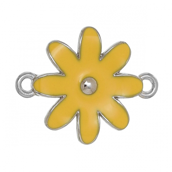 Immagine di Lega di Zinco Connettore Accessori Fiore Tono Argento Giallo Smalto 30mm x 24mm, 1 Pz