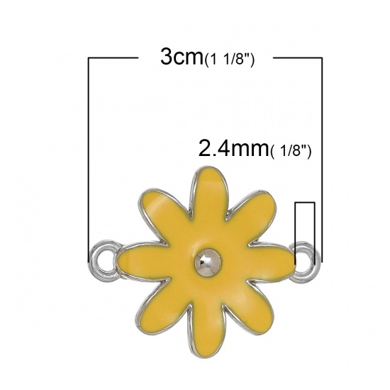 Picture of Zinc Metal Alloy Connectors Findings Flower Silver Tone Yellow Enamel 30mm x 24mm, 1 Piece