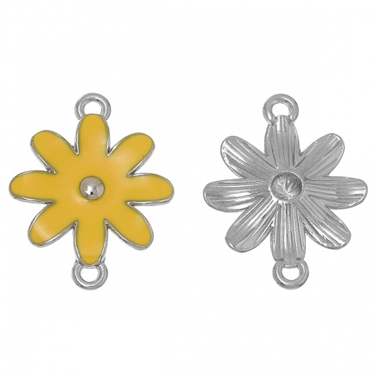 Picture of Zinc Metal Alloy Connectors Findings Flower Silver Tone Yellow Enamel 30mm x 24mm, 1 Piece
