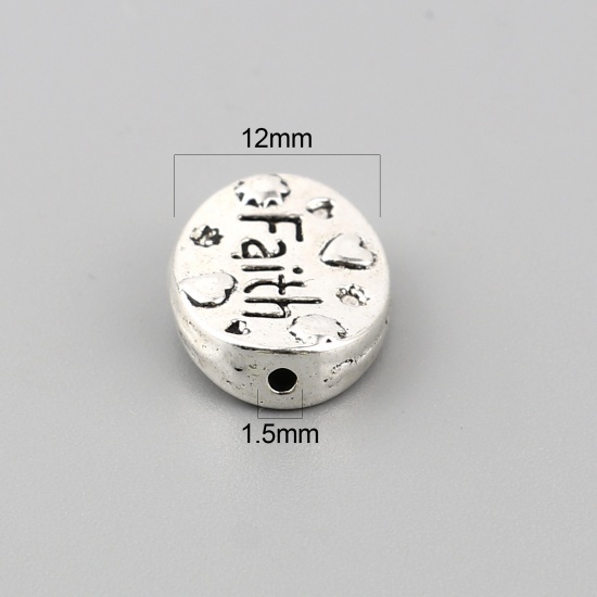 Immagine di Lega di Zinco Positive Energie Perline Ovale Argento Antico Cuore Scolpisce Lettere " FAITH " Circa 16mm x 12mm, Foro:Circa 1.5mm, 30 Pz