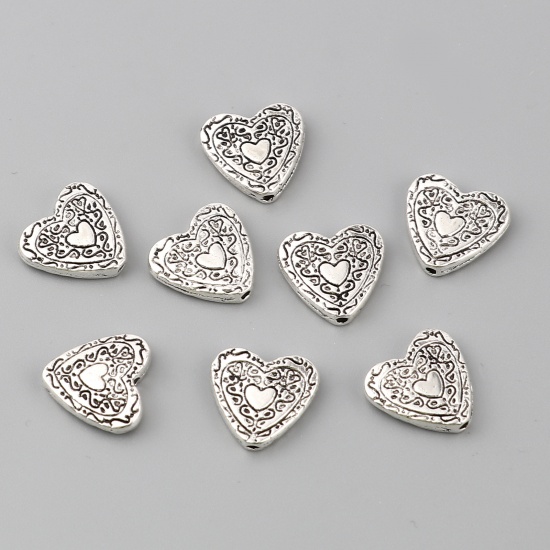 Picture of Zinc Based Alloy Spacer Beads Heart Antique Silver Color Carved Pattern About 14mm x 13mm, Hole: Approx 1.2mm, 50 PCs