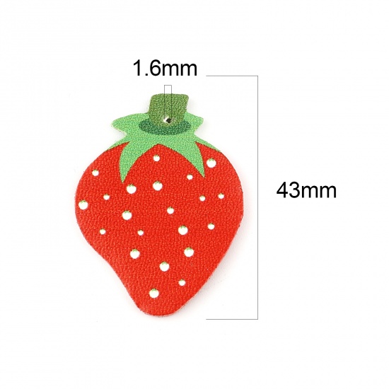 Picture of PU Leather Pendants Strawberry Fruit Red & Green 43mm x 32mm, 5 PCs