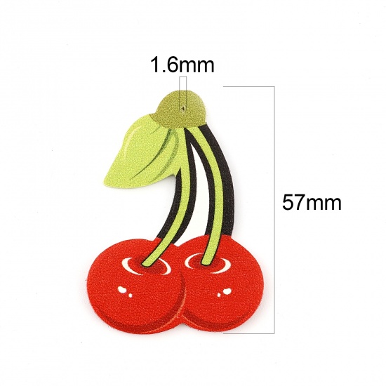 Picture of PU Leather Pendants Cherry Fruit Red & Green 57mm x 41mm, 5 PCs
