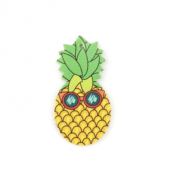 Picture of PU Leather Pendants Pineapple/ Ananas Fruit Green & Yellow 53mm x 27mm, 5 PCs