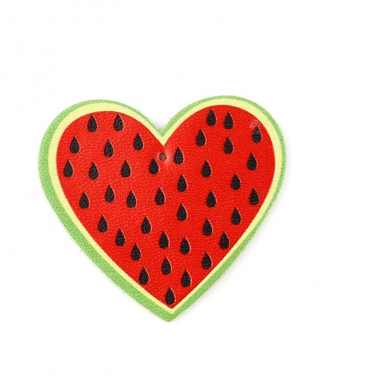 Picture of PU Leather Pendants Heart Red & Green Watermelon Fruit 50mm x 47mm, 5 PCs