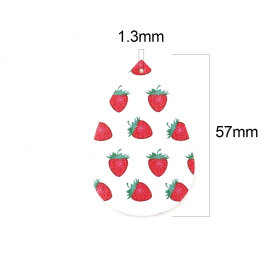 Picture of PU Leather Pendants Drop White & Red Strawberry 57mm x 38mm, 10 PCs