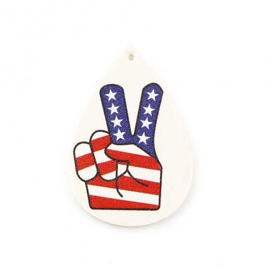 Picture of PU Leather Sport Pendants Hand Sign Gesture Red & Dark Blue Flag Of The United States 57mm x 38mm, 5 PCs