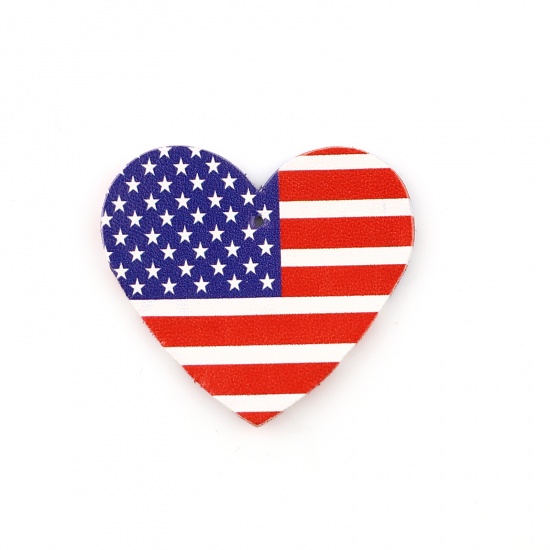 Picture of PU Leather Sport Pendants Heart Red & Dark Blue Flag Of The United States 50mm x 45mm, 5 PCs