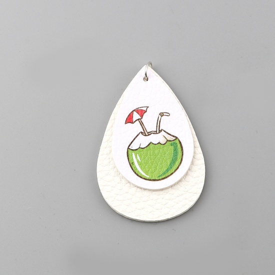 Picture of PU Leather Pendants Coconut White & Green Drop 60mm x 38mm, 5 PCs