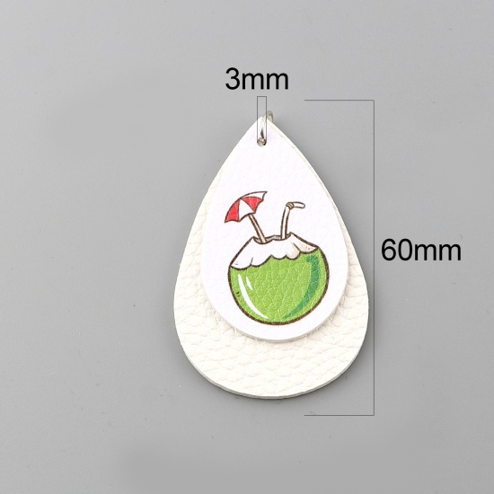 Picture of PU Leather Pendants Coconut White & Green Drop 60mm x 38mm, 5 PCs