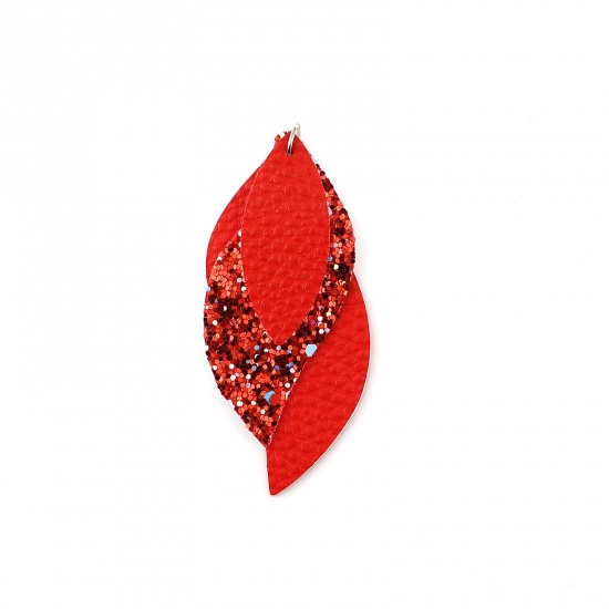 Picture of PU Leather Pendants Leaf Red Sequins 79mm x 35mm, 5 PCs