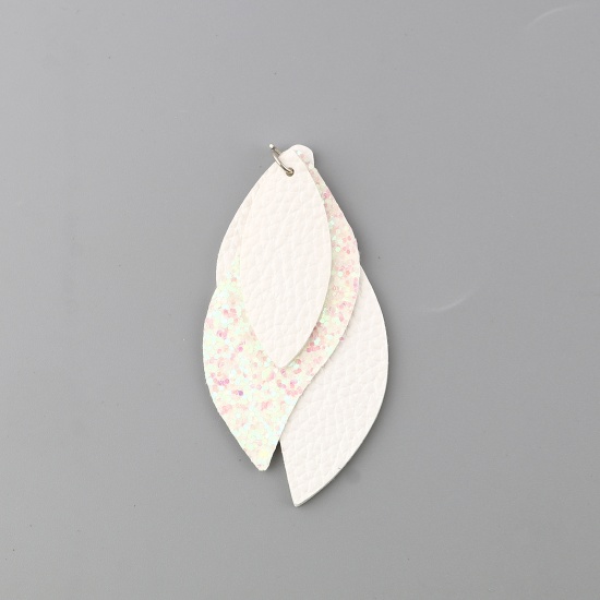 Picture of PU Leather Pendants Leaf White Sequins 79mm x 35mm, 5 PCs