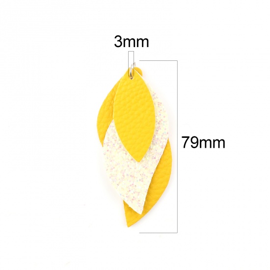Picture of PU Leather Pendants Leaf Yellow Sequins 79mm x 35mm, 5 PCs