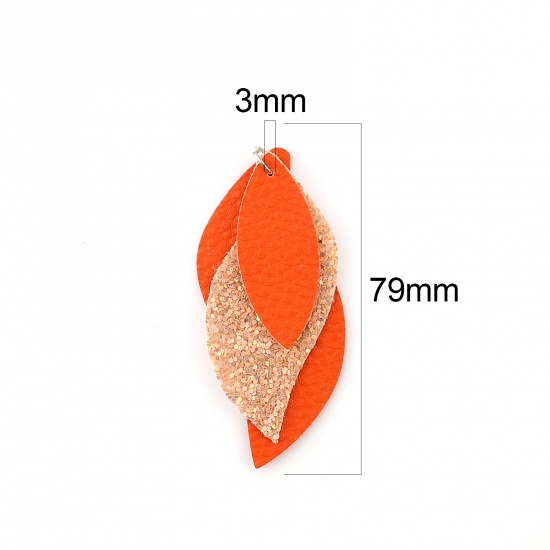Picture of PU Leather Pendants Leaf Orange-red Sequins 79mm x 35mm, 5 PCs