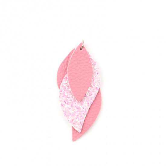 Picture of PU Leather Pendants Leaf Pink Sequins 79mm x 35mm, 5 PCs