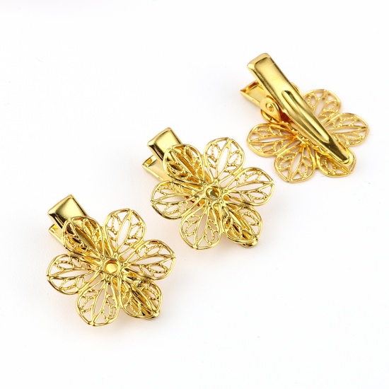 Picture of Copper & Iron Based Alloy Hair Clips Findings Gold Plated Flower 26mm x 20mm, 10 PCs