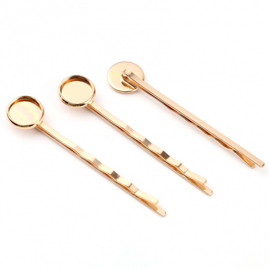 Picture of Copper & Iron Based Alloy Hair Clips Findings KC Gold Plated Round Cabochon Settings (Fits 10mm Dia.) 60mm x 12mm, 10 PCs