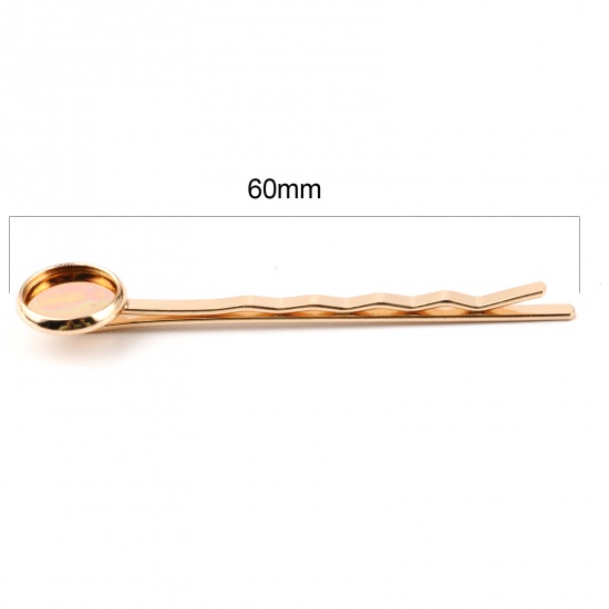 Picture of Copper & Iron Based Alloy Hair Clips Findings KC Gold Plated Round Cabochon Settings (Fits 10mm Dia.) 60mm x 12mm, 10 PCs