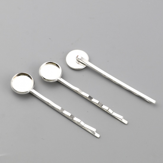 Picture of Copper & Iron Based Alloy Hair Clips Findings Silver Plated Round Cabochon Settings (Fits 12mm Dia.) 62mm x 14mm, 10 PCs