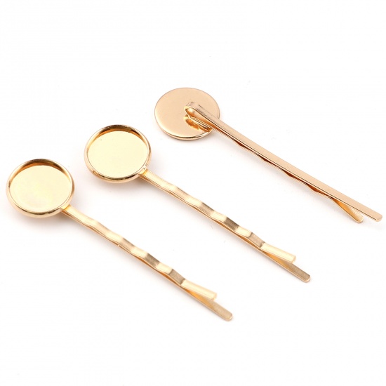 Picture of Copper & Iron Based Alloy Hair Clips Findings KC Gold Plated Round Cabochon Settings (Fits 14mm Dia.) 62mm x 16mm, 10 PCs