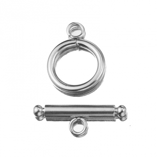 Picture of Stainless Steel Toggle Clasps Circle Ring Silver Tone 22mm x 7mm 18mm x 14mm, 2 Sets