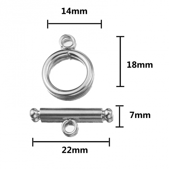 Picture of Stainless Steel Toggle Clasps Circle Ring Silver Tone 22mm x 7mm 18mm x 14mm, 2 Sets