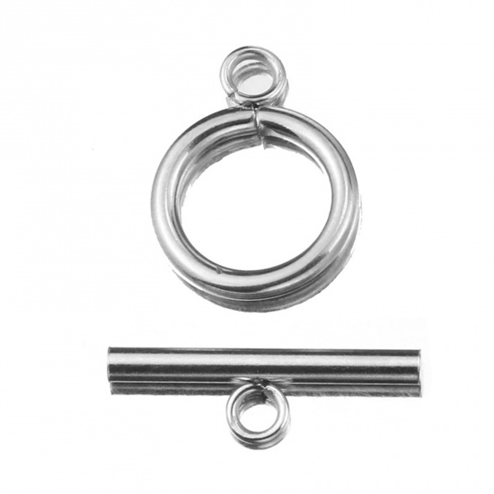 Picture of Stainless Steel Toggle Clasps Circle Ring Silver Tone 25mm x 7mm 20mm x 15mm, 2 Sets