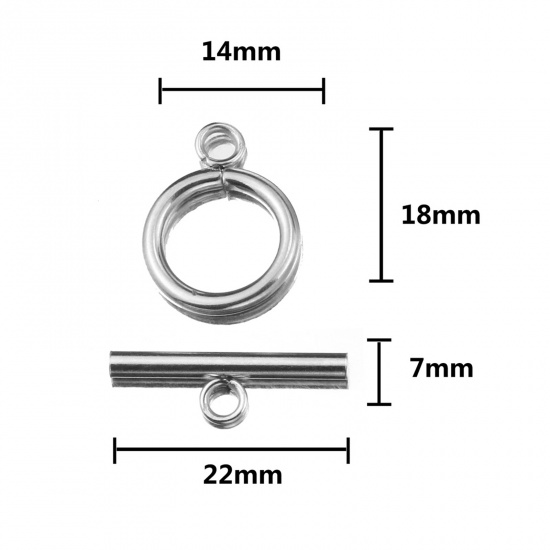 Picture of Stainless Steel Toggle Clasps Circle Ring Silver Tone 25mm x 7mm 20mm x 15mm, 2 Sets