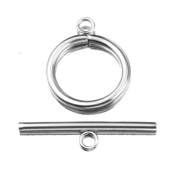 Picture of Stainless Steel Toggle Clasps Circle Ring Silver Tone 35mm x 7mm 27mm x 22mm, 2 Sets