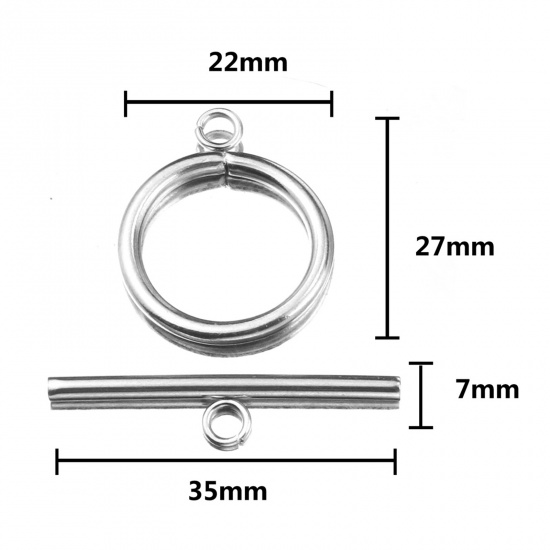 Picture of Stainless Steel Toggle Clasps Circle Ring Silver Tone 35mm x 7mm 27mm x 22mm, 2 Sets