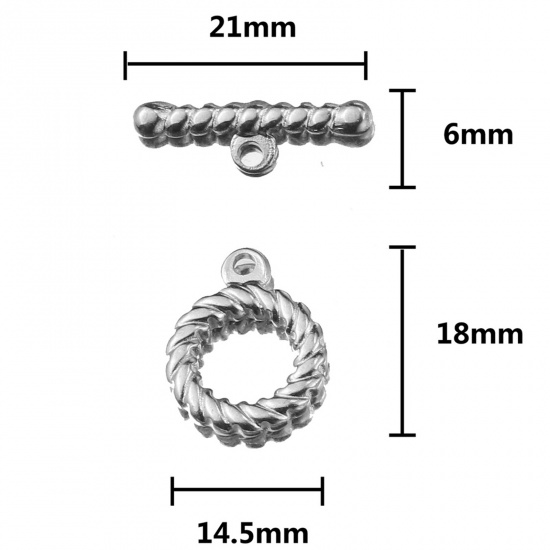 Picture of Stainless Steel Toggle Clasps Braided Circle Ring Silver Tone 21mm x 7mm 18mm x 15mm, 2 Sets