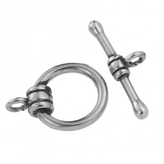 Picture of Stainless Steel Toggle Clasps Circle Ring Silver Tone 21mm x 6mm 17mm x 13mm, 2 Sets