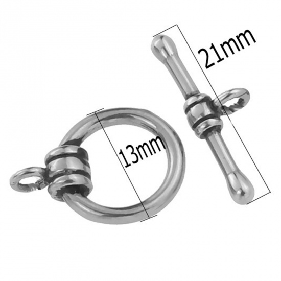 Picture of Stainless Steel Toggle Clasps Circle Ring Silver Tone 21mm x 6mm 17mm x 13mm, 2 Sets