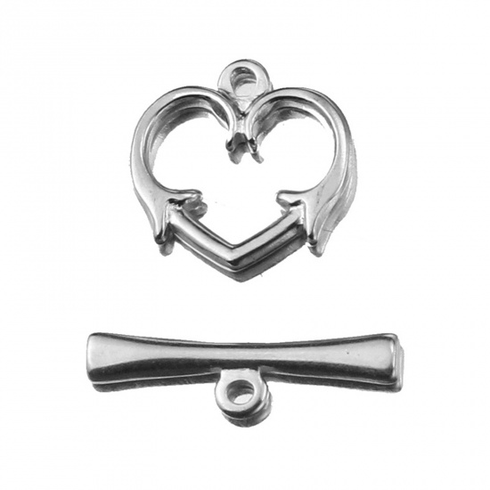 Picture of Stainless Steel Toggle Clasps Heart Silver Tone 21mm x 6mm 16mm x 15mm, 2 Sets