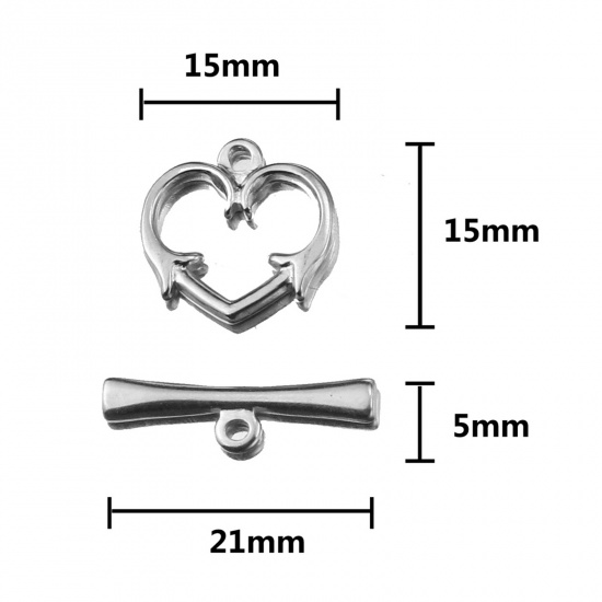 Picture of Stainless Steel Toggle Clasps Heart Silver Tone 21mm x 6mm 16mm x 15mm, 2 Sets