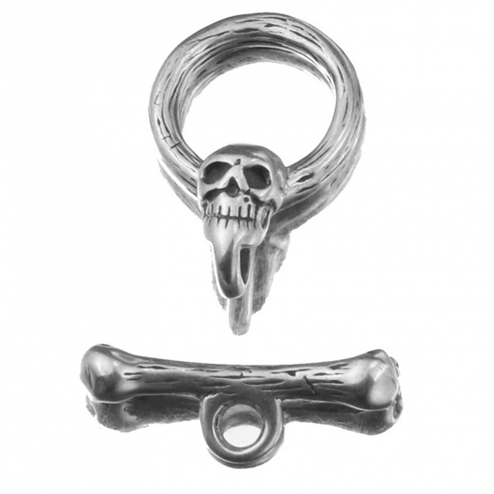 Picture of Stainless Steel Toggle Clasps Round Skull Silver Tone 23mm x 15mm 23mm x 6mm, 2 Sets