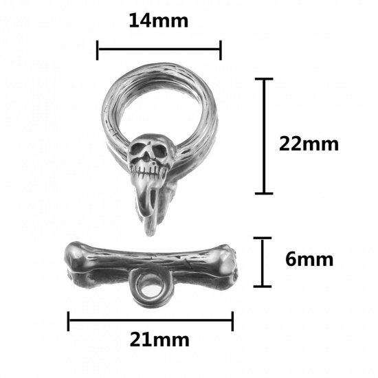 Picture of Stainless Steel Toggle Clasps Round Skull Silver Tone 23mm x 15mm 23mm x 6mm, 2 Sets