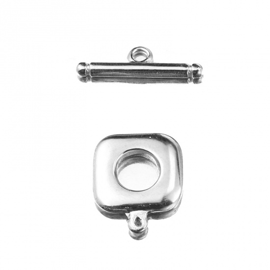 Picture of Stainless Steel Toggle Clasps Square Round Silver Tone 21mm x 6mm 18mm x 15mm, 2 Sets