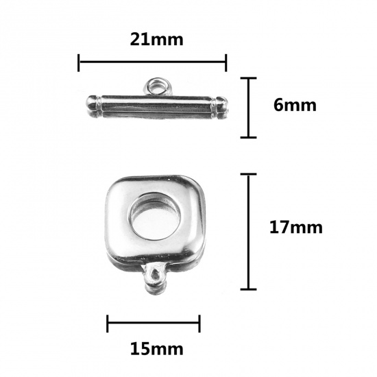 Picture of Stainless Steel Toggle Clasps Square Round Silver Tone 21mm x 6mm 18mm x 15mm, 2 Sets